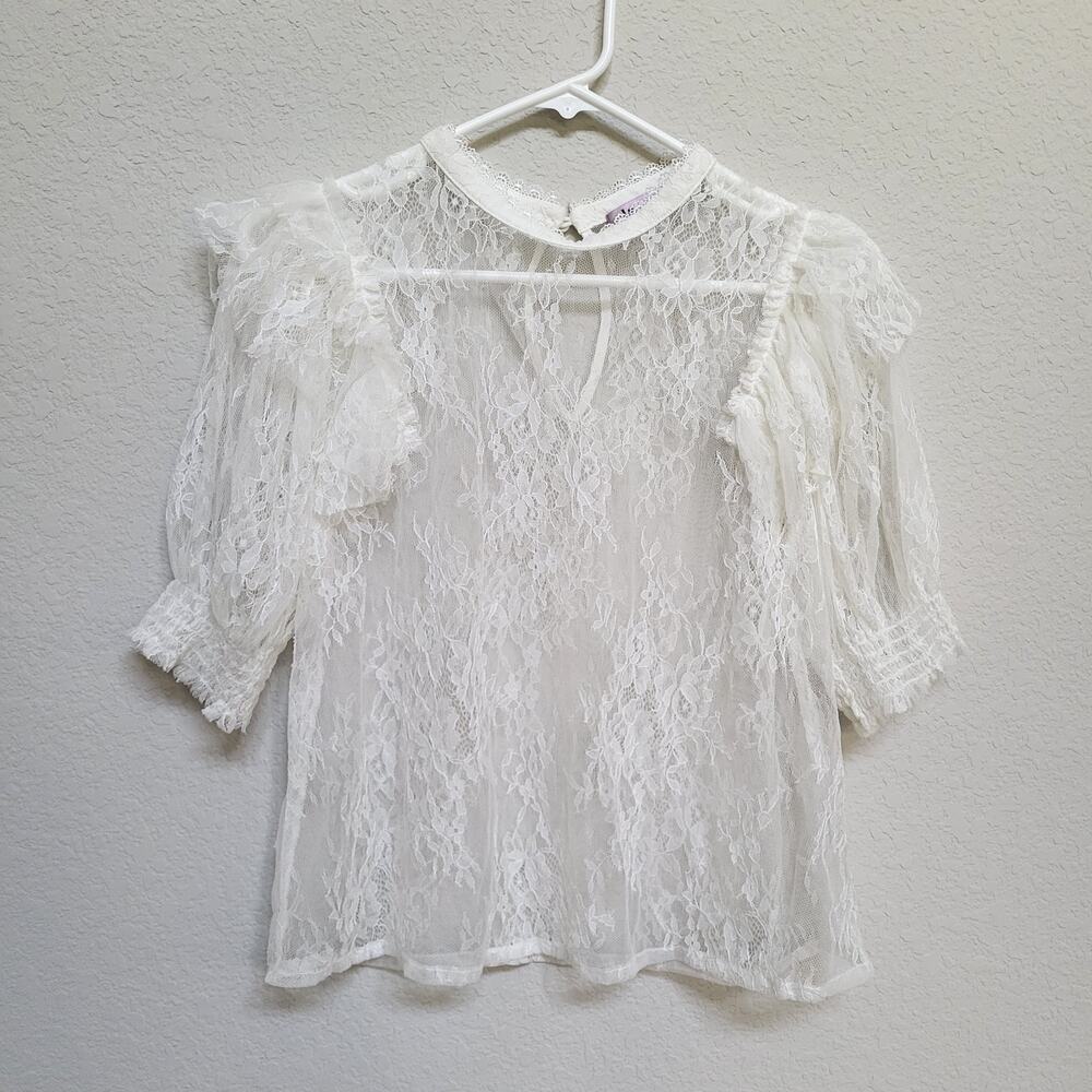 lalavon White Floral Lace Top Women's Small Short Puff Sleeves Summer Cottage